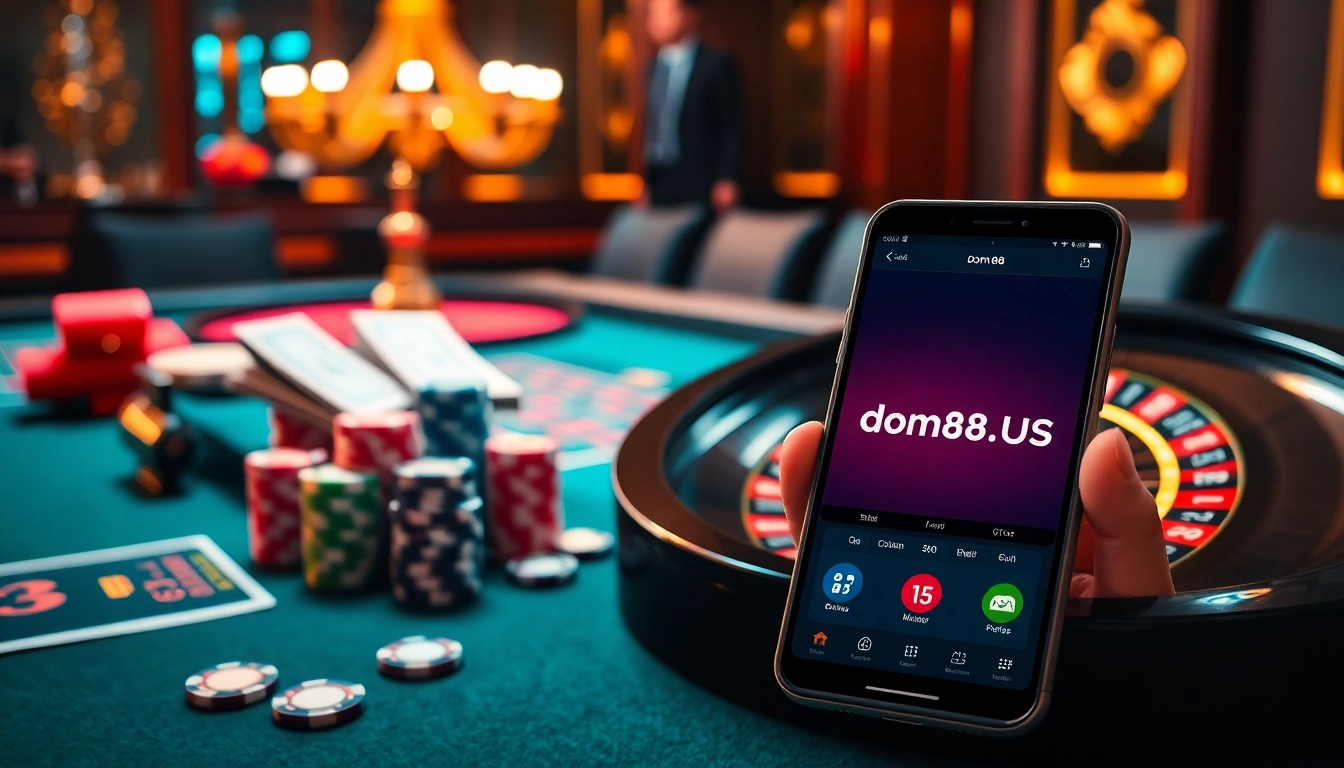Experience the excitement at dom88.us.com with vibrant casino chips and roulette wheels in a luxury setting.