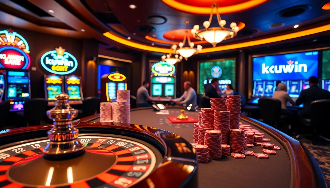 Kuwin logo shines in a lively casino scene featuring roulette, poker, and slot machines.