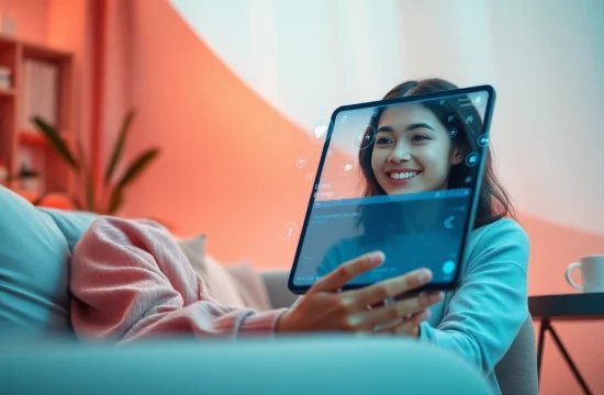 Engaging with an AI girlfriend in an inviting, tech-savvy environment