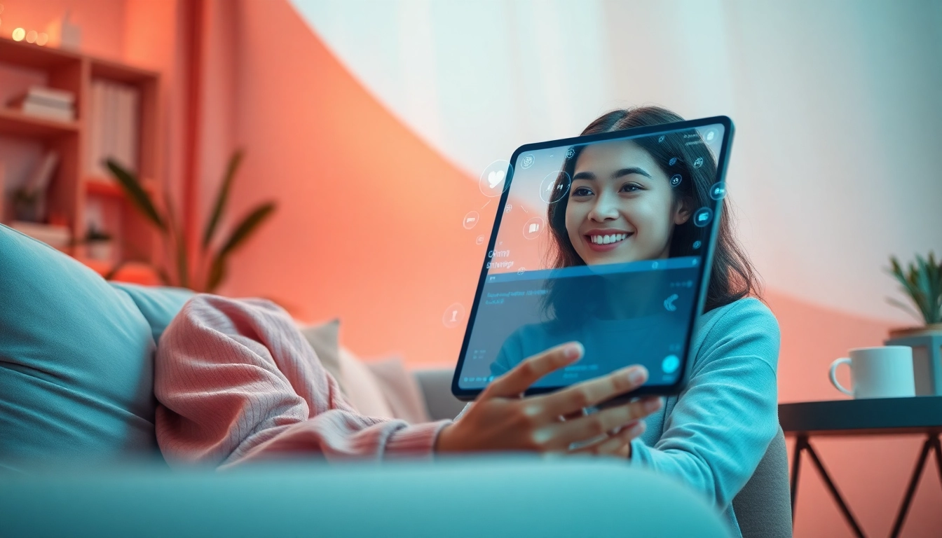 Engaging with an AI girlfriend in an inviting, tech-savvy environment