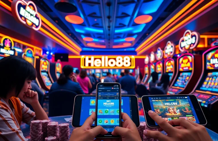 Exciting online gambling scene showcasing Hello88win.live, featuring vibrant players and casino games.