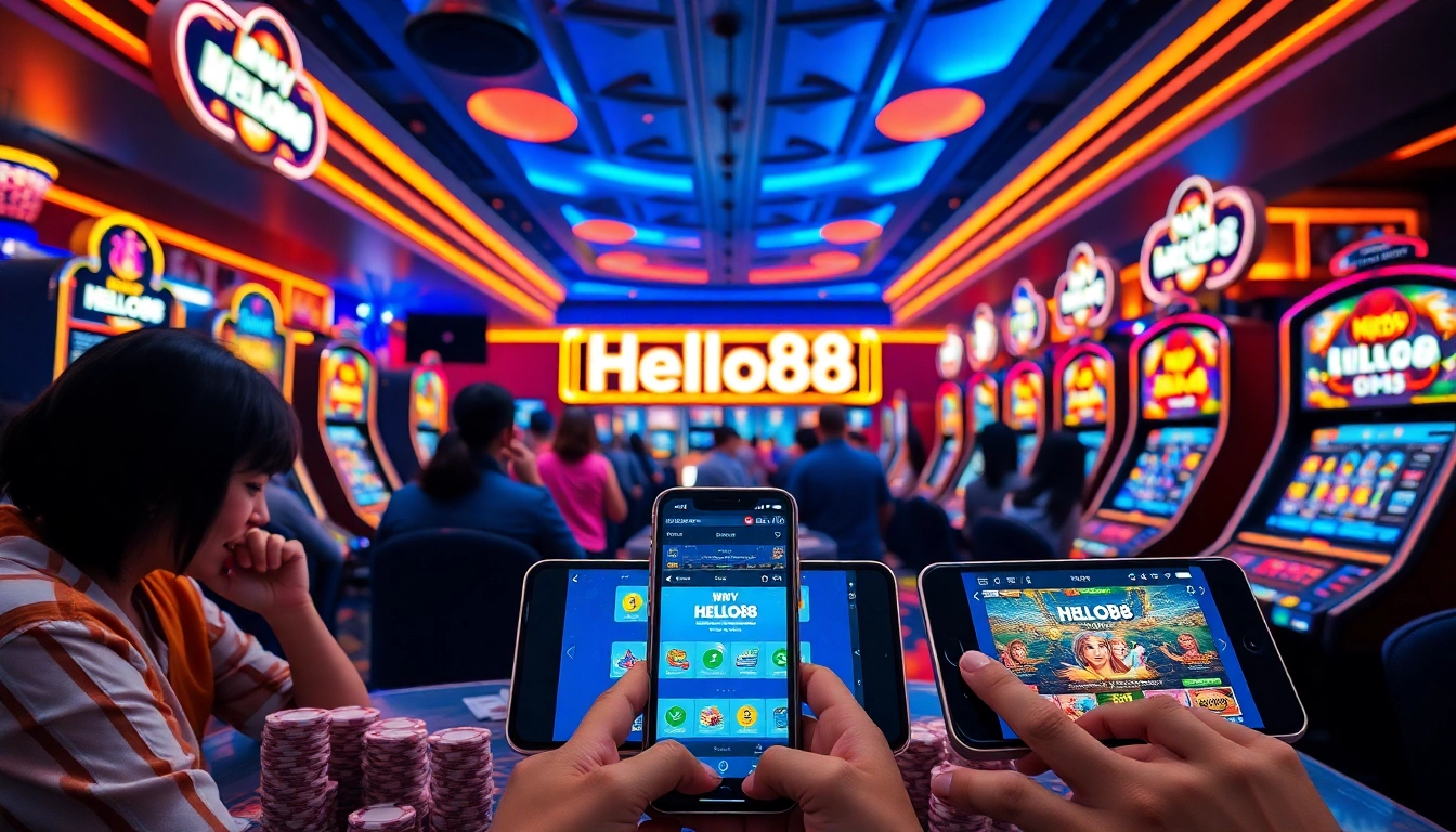 Exciting online gambling scene showcasing Hello88win.live, featuring vibrant players and casino games.