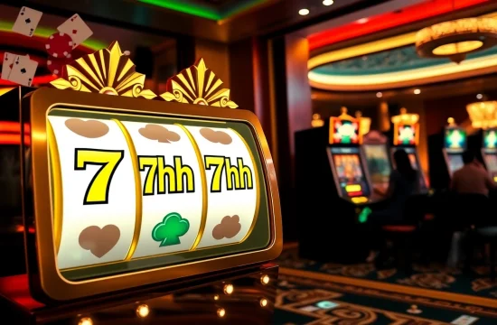 Players enjoying slot machines at 7hh casino, vibrant atmosphere with poker chips and cards.