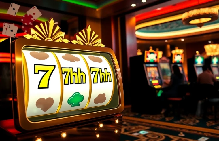 Players enjoying slot machines at 7hh casino, vibrant atmosphere with poker chips and cards.