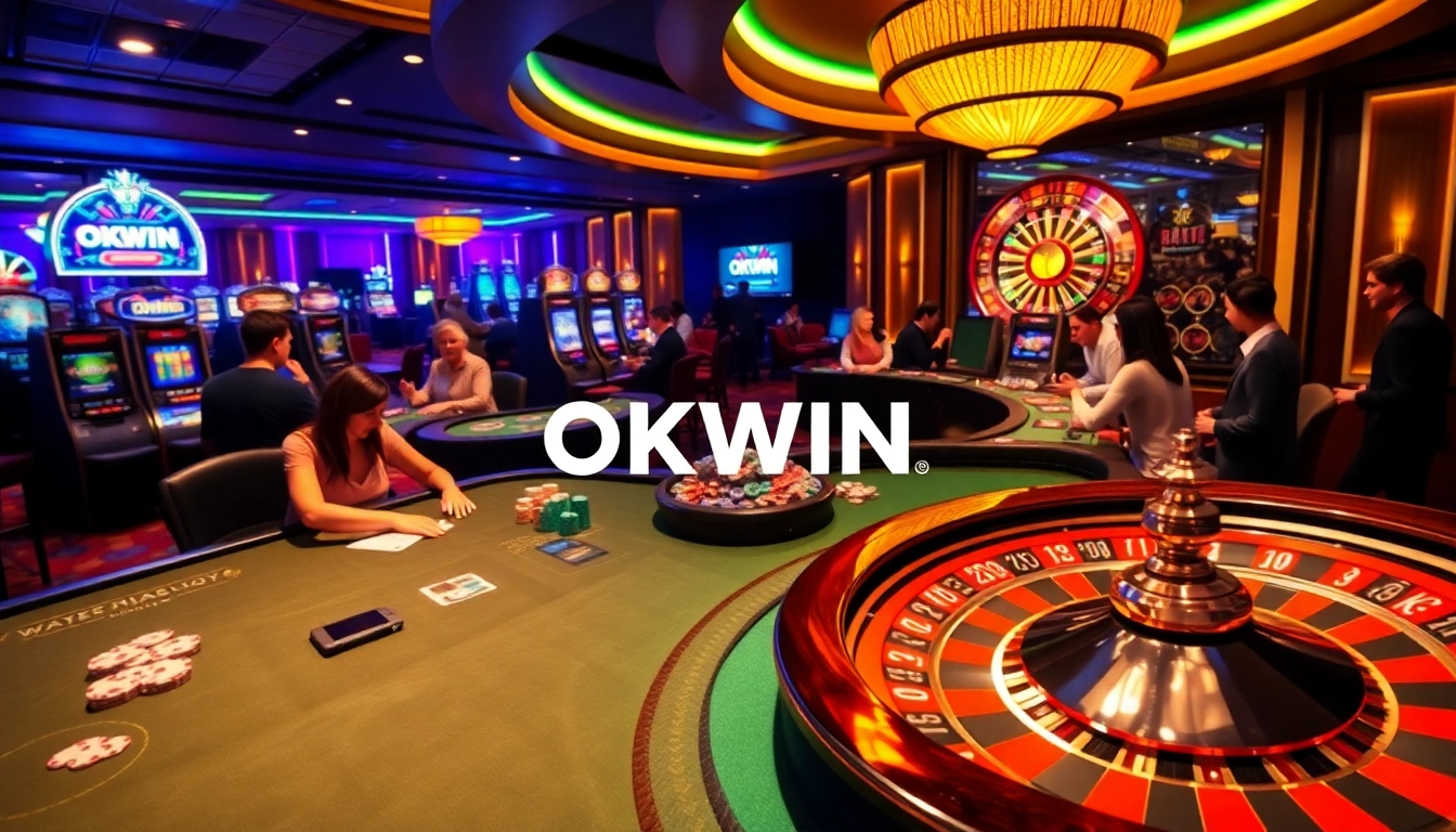 Engaging scene of players at an OKWIN casino with poker tables and slot machines.
