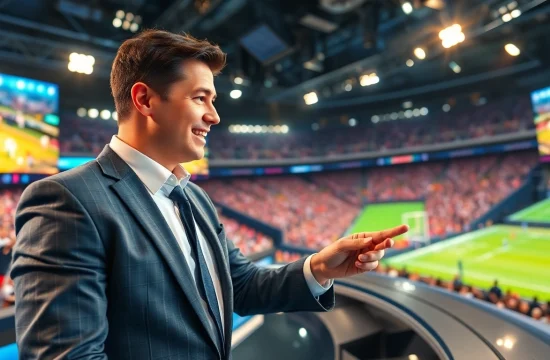 Dynamic scene of sports broadcasting showing an anchor and live event highlights.