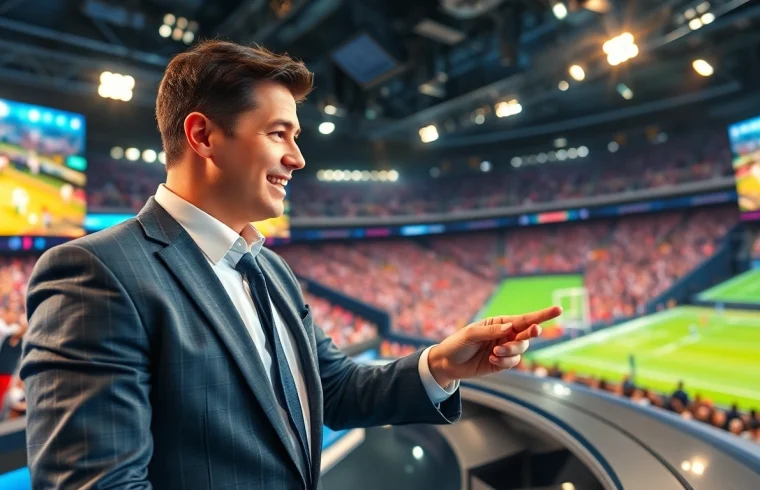 Dynamic scene of sports broadcasting showing an anchor and live event highlights.