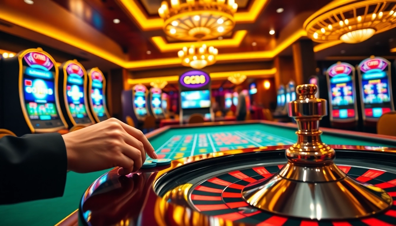Placing bets at the GG88 casino table, showcasing vibrant slot machines and a roulette wheel.