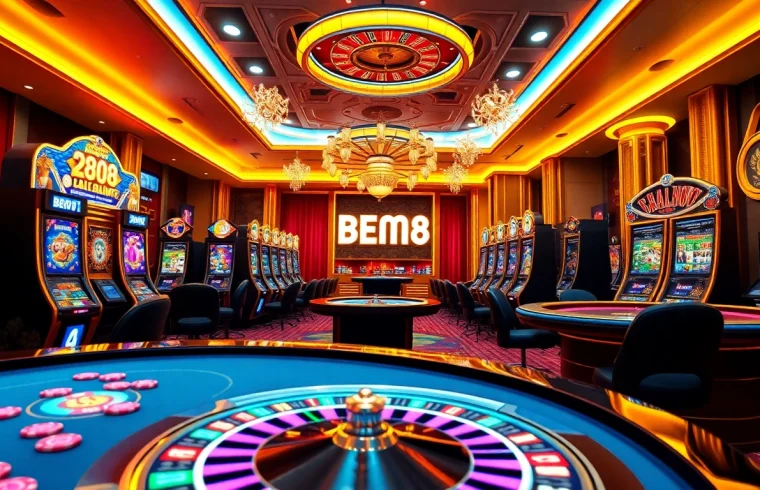 Experience vibrant gaming excitement at BEM88 with luxurious casino tables and dynamic online interfaces.