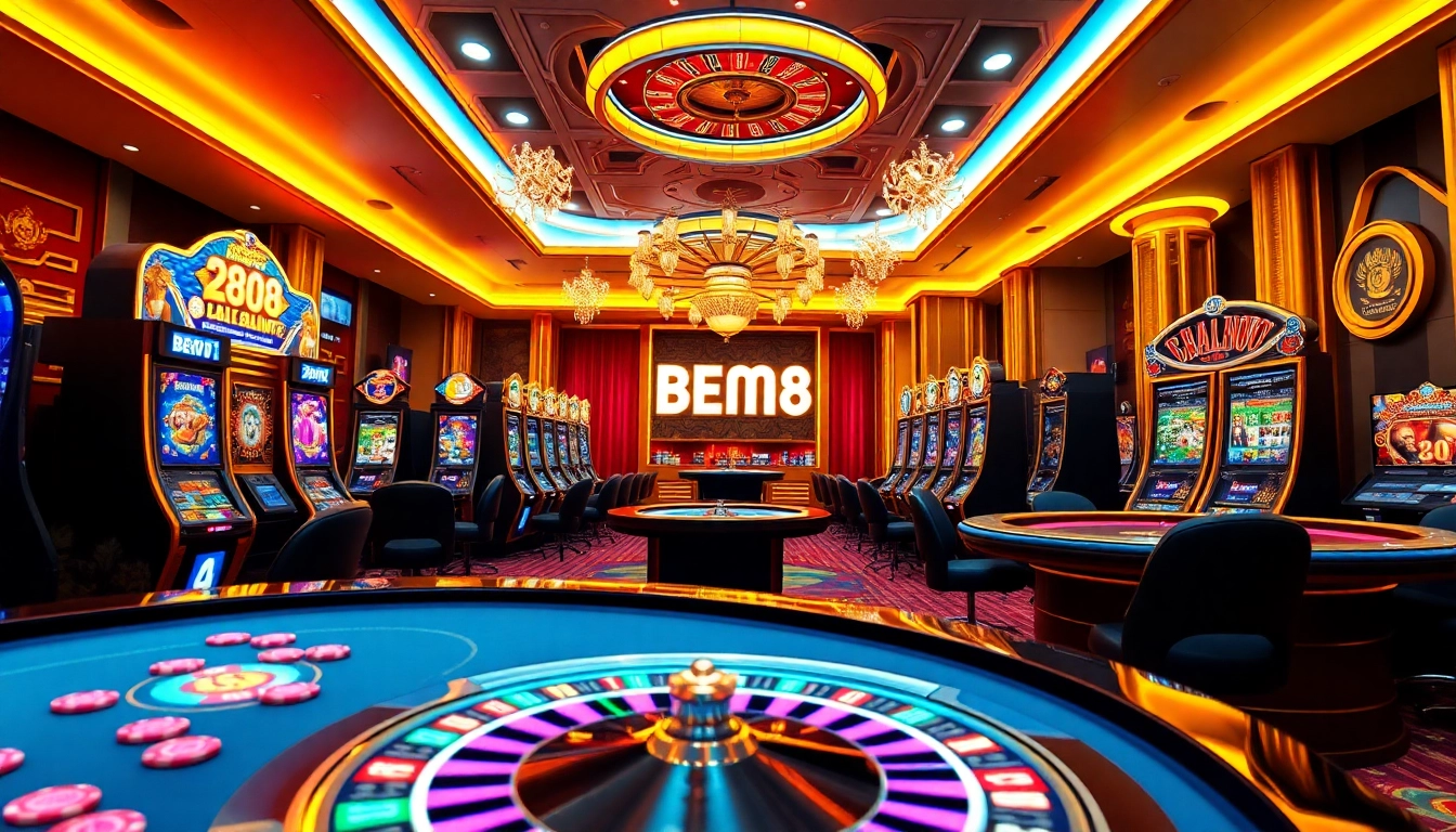 Experience vibrant gaming excitement at BEM88 with luxurious casino tables and dynamic online interfaces.