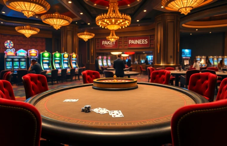 FEBET gaming scene with luxurious poker tables and slot machines showcasing excitement.