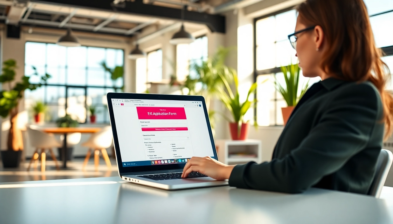 Engaged user filling out the eta uk application form on a laptop in a modern workspace.
