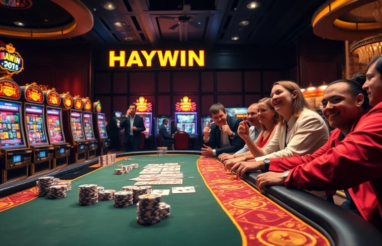 Experience HAYWIN excitement at a luxurious casino table with vibrant poker chips and thrilling players.