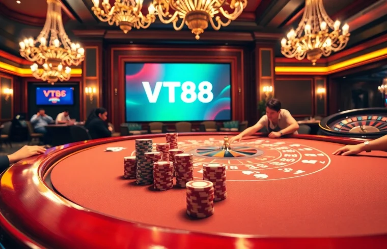 Experience the thrill of VT88 at a luxurious casino blackjack table with vibrant chips and cards.