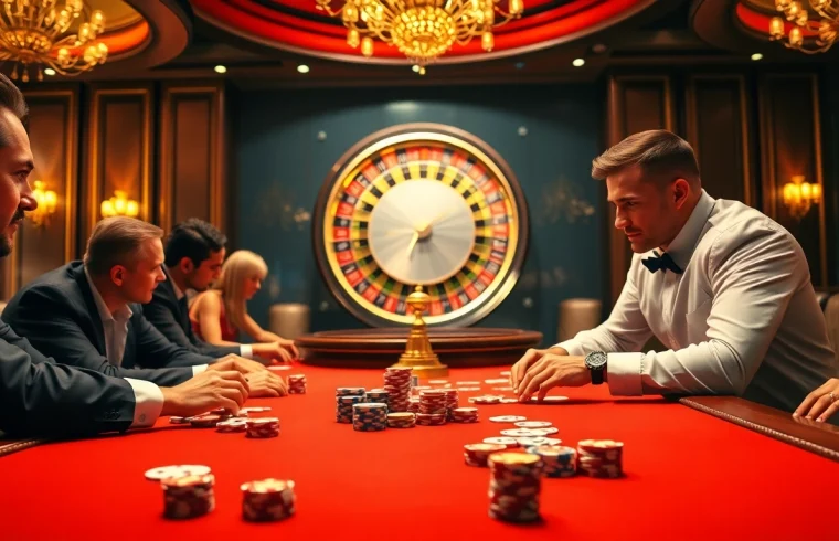 WW88 poker table scene with vibrant chips and an engaging atmosphere in a luxurious setting.