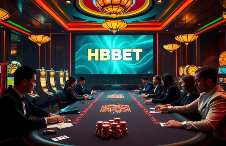 Players enjoy thrilling games at HBBET casino table amid vibrant slot machines, highlighting excitement.