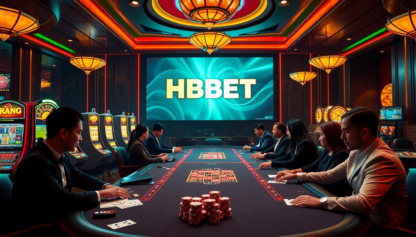 Players enjoy thrilling games at HBBET casino table amid vibrant slot machines, highlighting excitement.