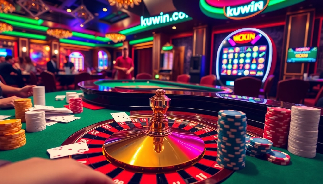 Players enjoying a thrilling roulette game at kuwin.com, surrounded by vibrant casino elements.