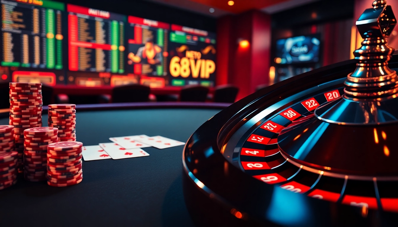 Play with excitement at 68VIP's luxurious online casino, featuring a vibrant poker table and roulette wheel.