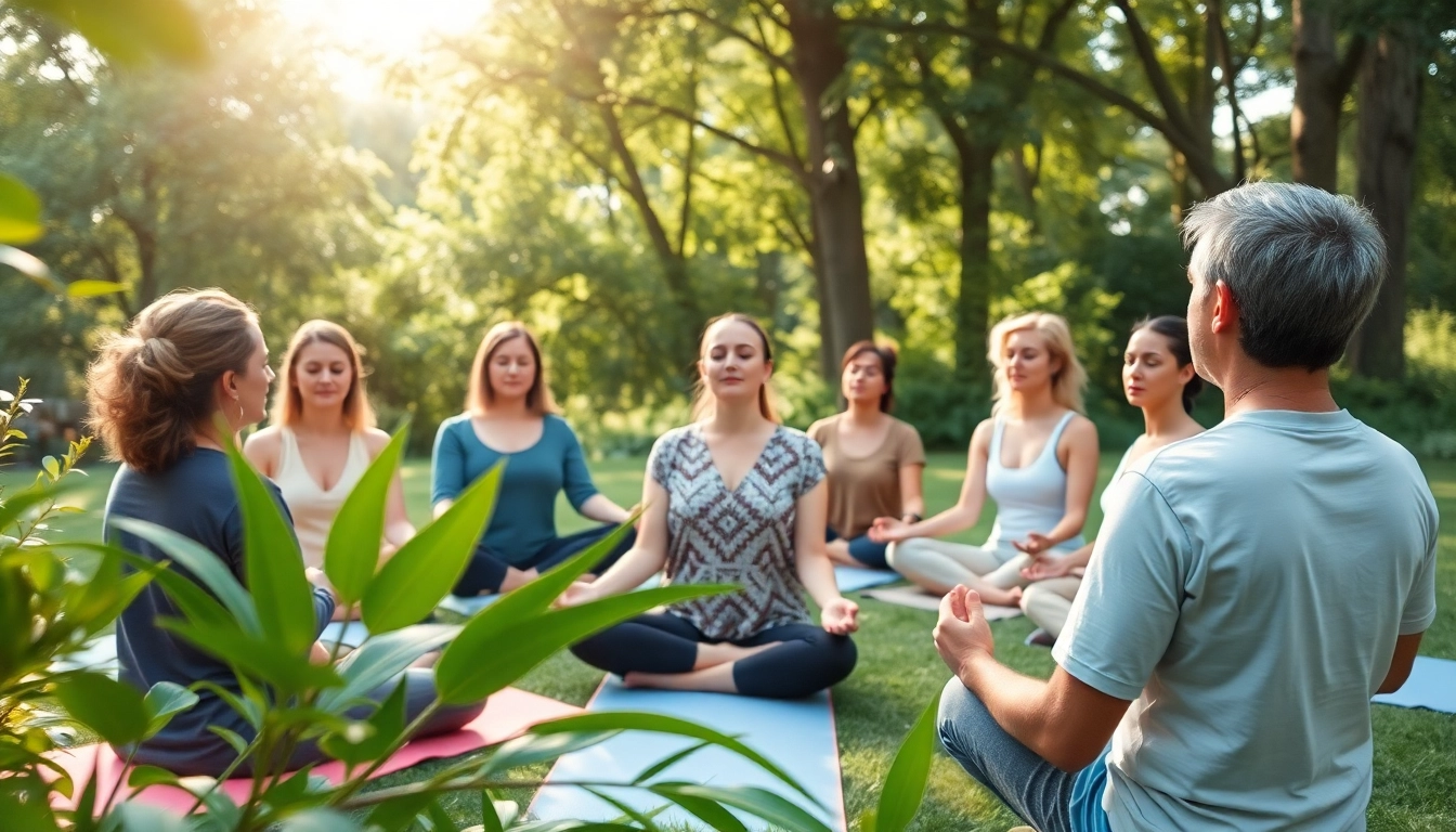 Meditation practice promoting mental wellness in a calming outdoor environment with diverse participants.