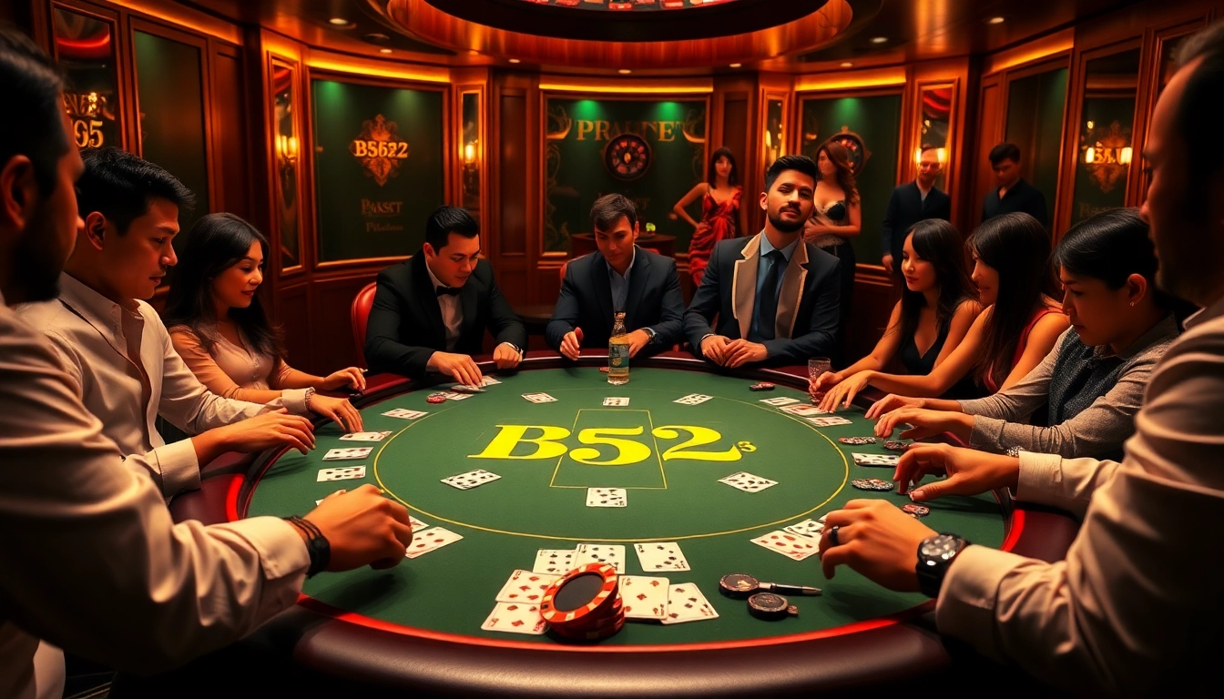 B52-themed poker table showcasing high-stakes excitement with players engaged in strategy.