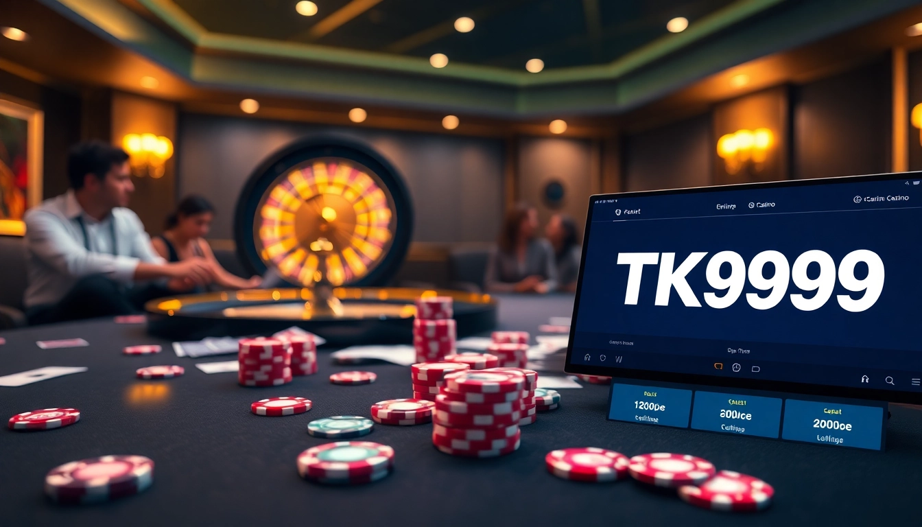Players enjoying an intense game of poker at TK999 casino, showcasing vibrant chips and cards.