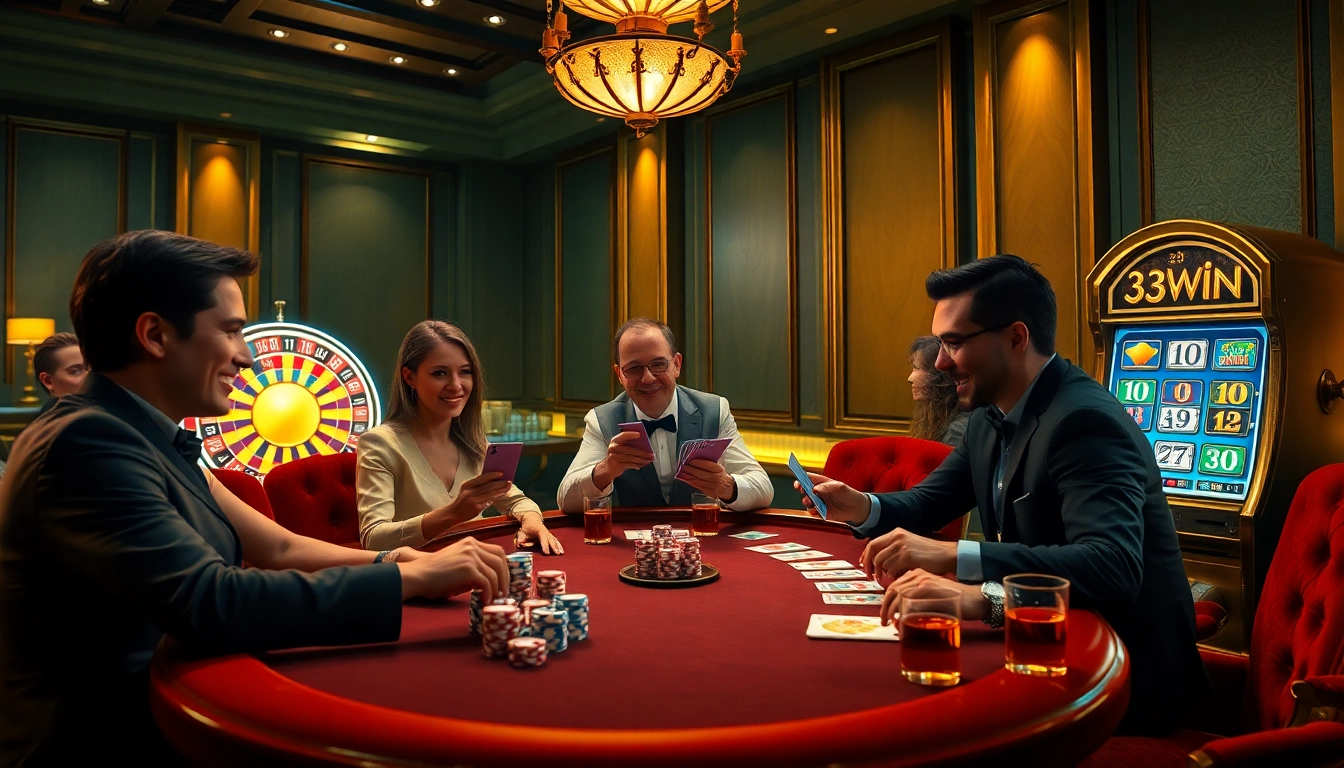 Players enjoying a thrilling game at 33WIN poker table with vibrant casino elements.