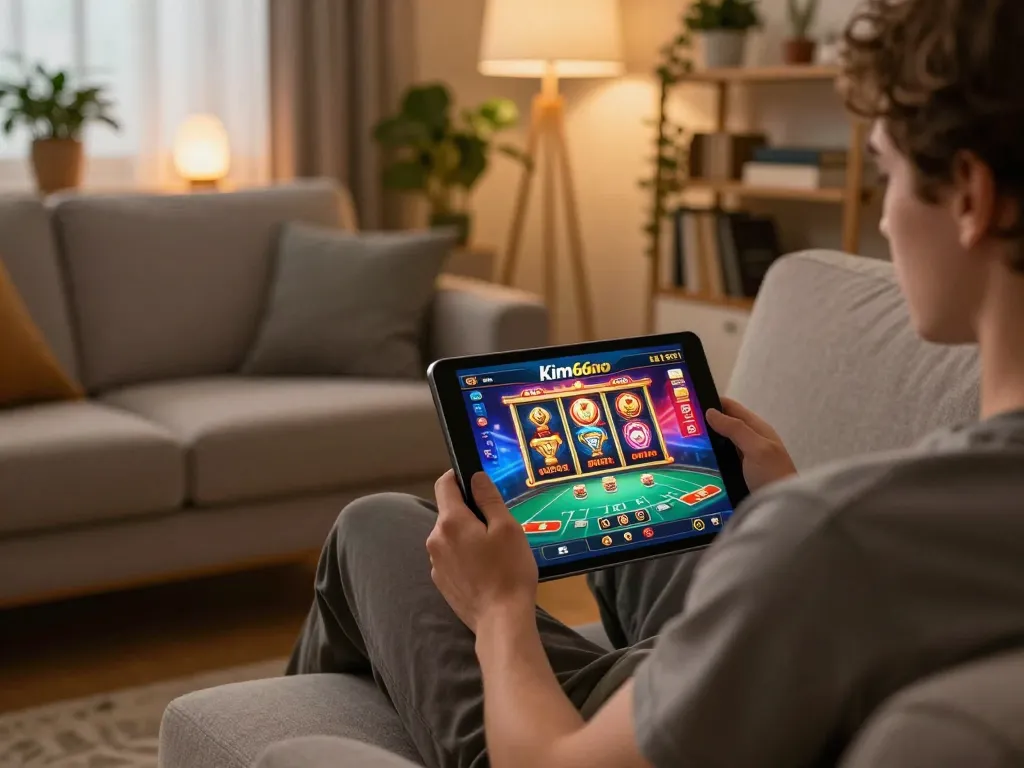 Engaging gameplay on the kim66 app in a cozy home setting, showcasing responsible gambling.