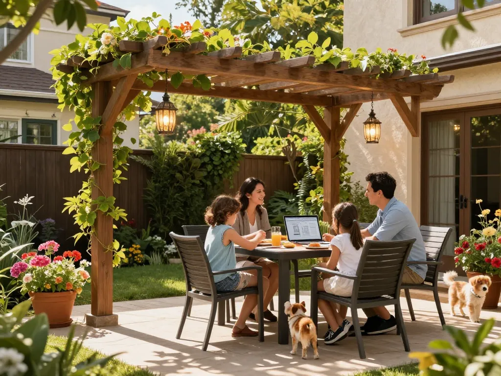 Family using a pergola configurator while enjoying time outdoors under their custom pergola.