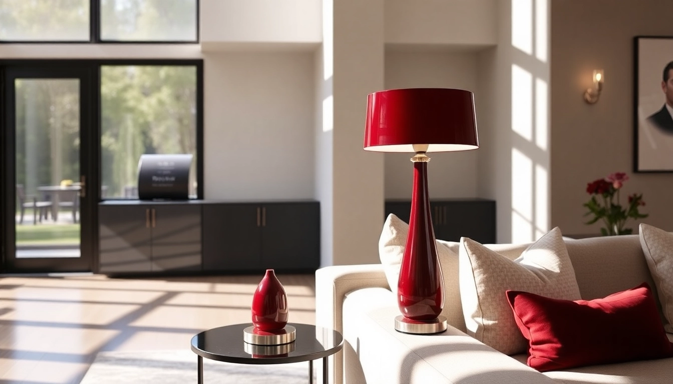 Modern home decor featuring the RR999 table lamp in elegant ruby red.