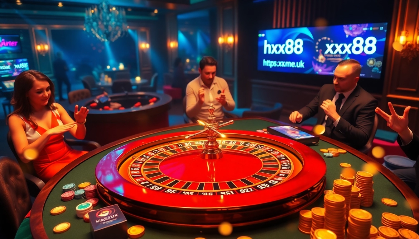 The vibrant casino atmosphere at https://xx88.me.uk, featuring a roulette table with excited players and colorful chips.