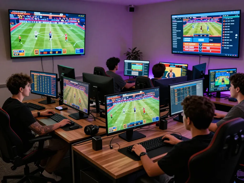 Engaging online betting scene showcasing players and games at https://rikbet.in.net/ with vibrant lighting and modern setup.