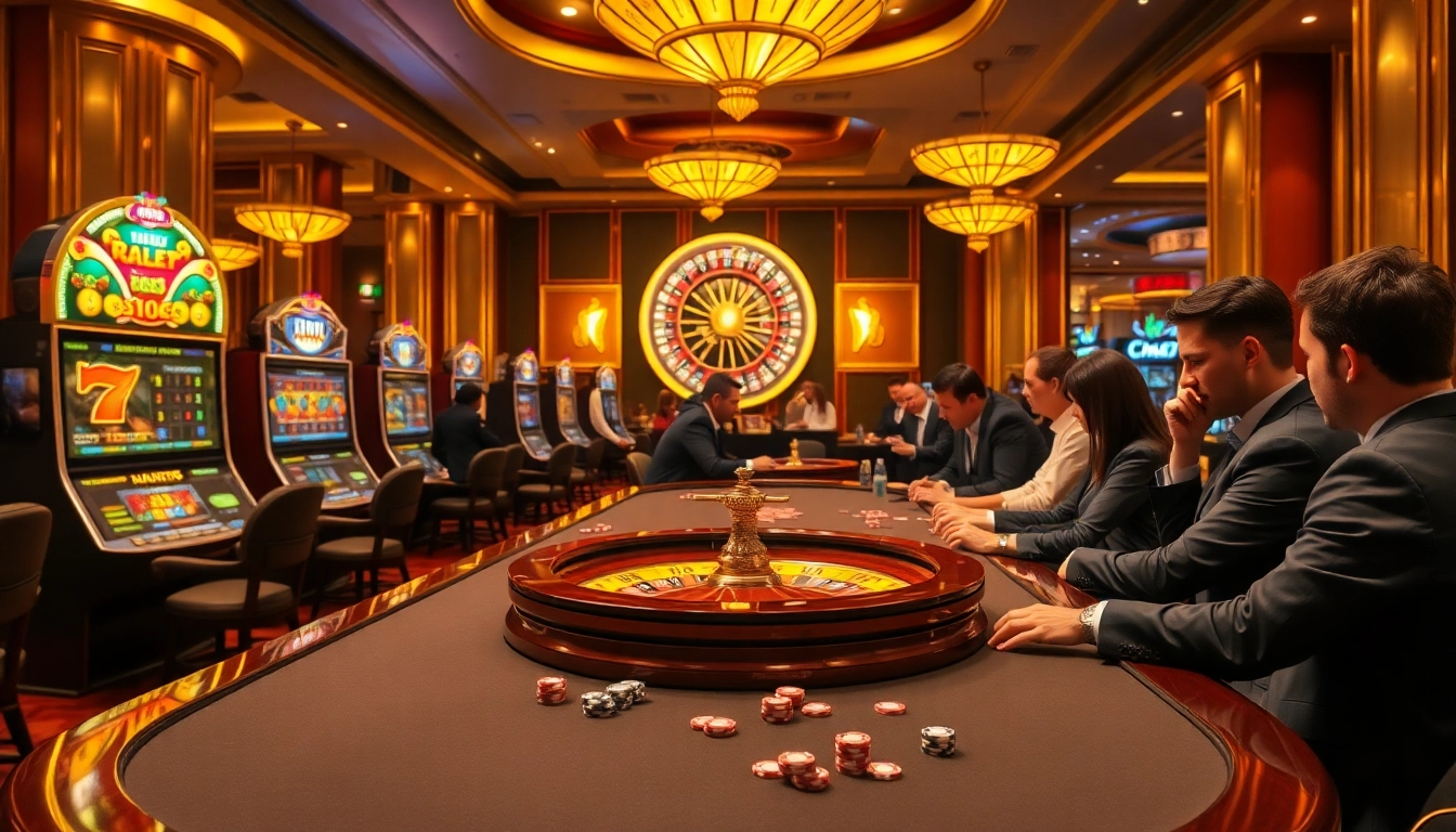 Exciting gameplay on trang chủ lc88 showcasing vibrant casino atmosphere with roulette and poker tables.