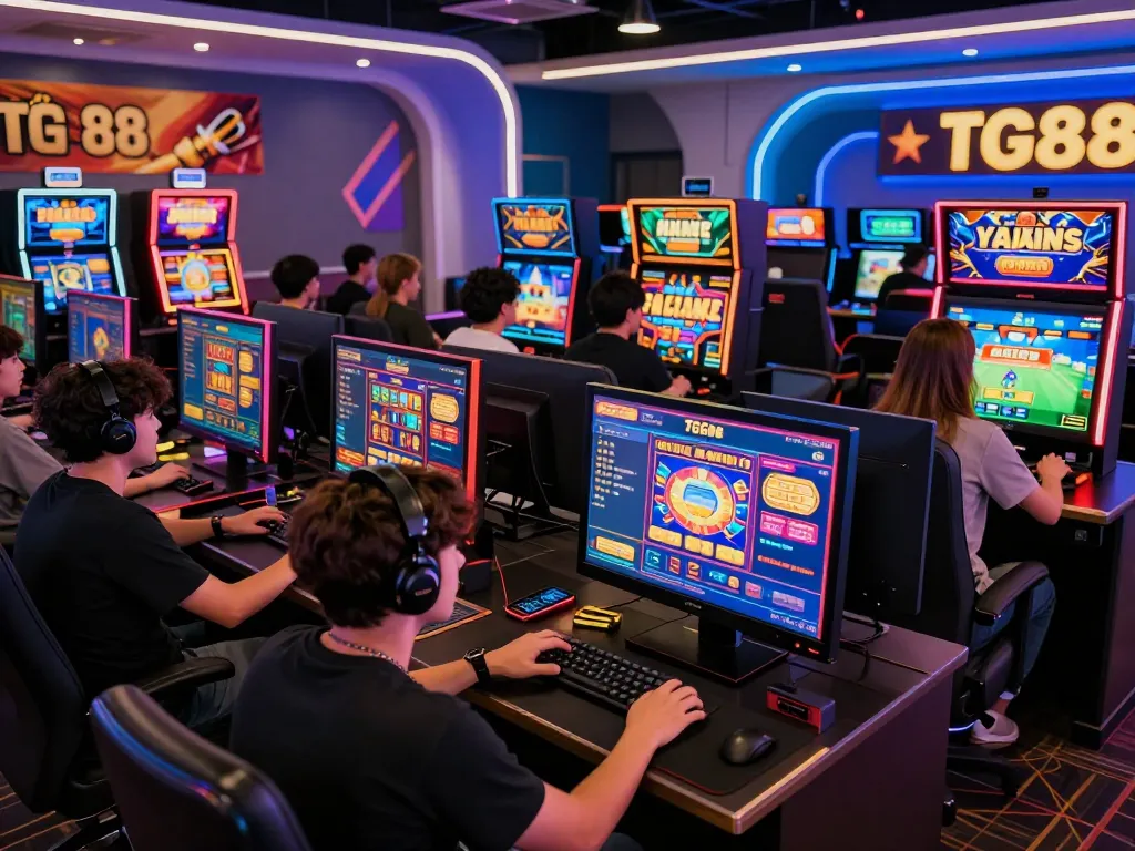 Exciting TG88 online gaming scene with diverse players engaging in slots and live casino.