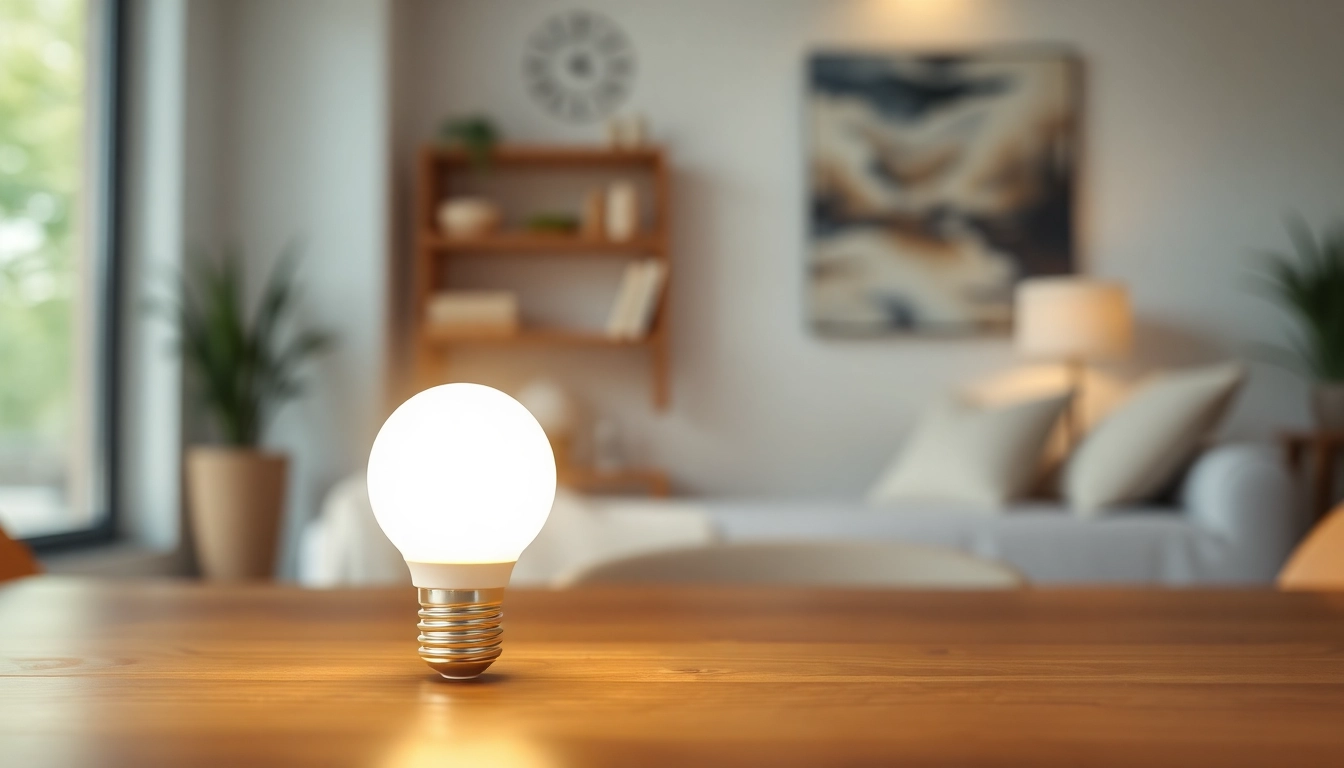 Display of a glowing led a19 bulb on a wooden table, showcasing its energy efficiency.