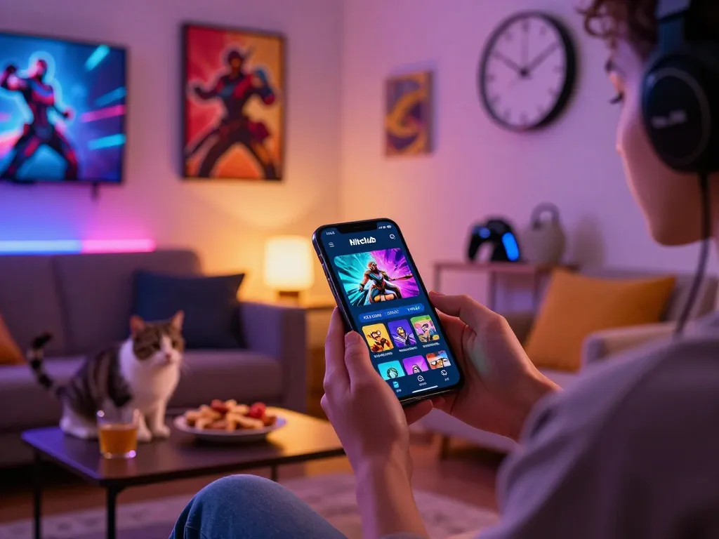 Tải Hitclub app showcased on smartphone in a vibrant gaming room