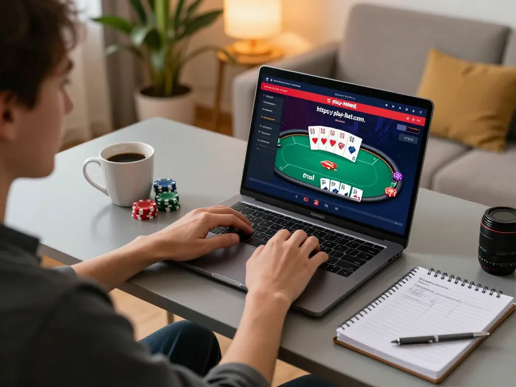 Engaging in online gambling at https://play-hbet.com/ with strategy notes and gaming setup.