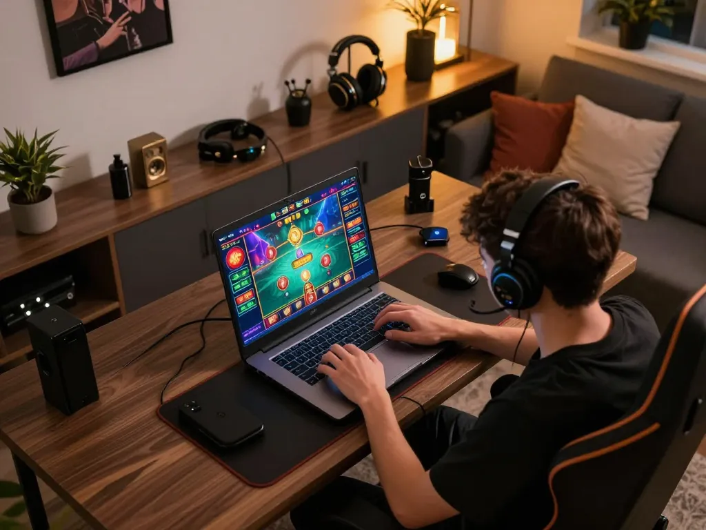 Experience the excitement of online gambling at https://mm88.green/, showcasing a player engaged with vibrant game interfaces and a modern home setup.