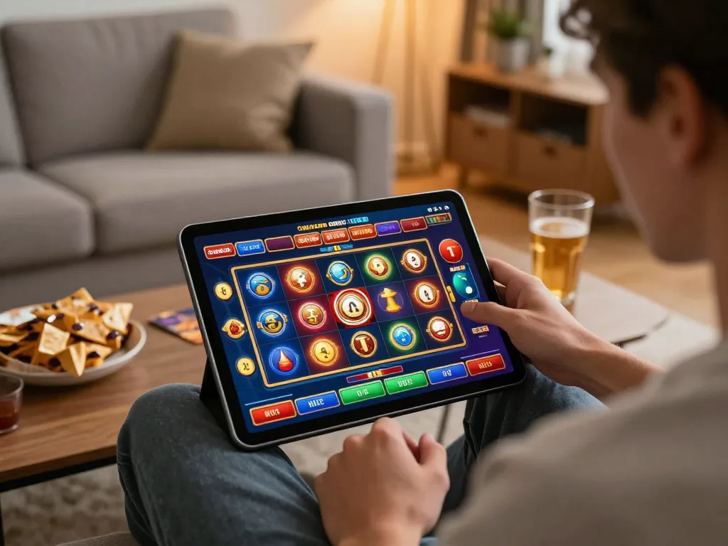 Player enjoying thrilling gameplay on 23win casino app at home, showcasing vibrant slot game graphics.