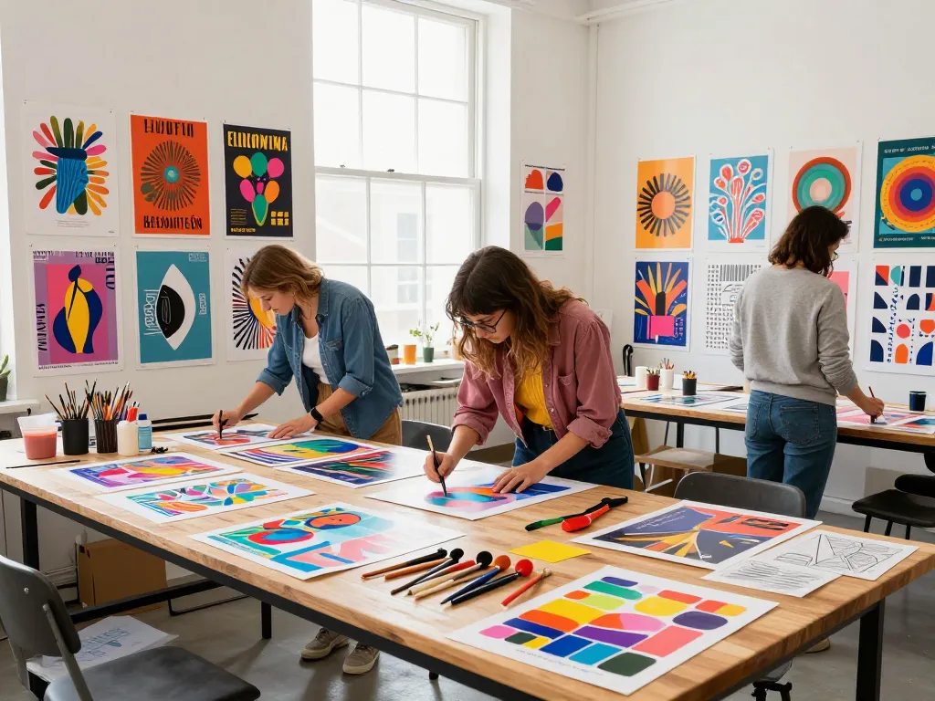 Custom poster printing scene with vibrant designs and an inspiring artist workspace
