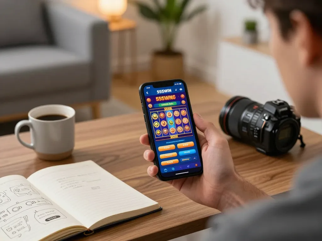 Engaging in 555WIN online slots on smartphone in a cozy home setting