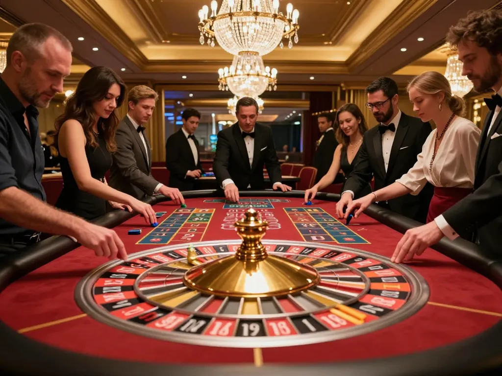 Roulette game excitement at 32win1 casino with players placing bets and cheering.