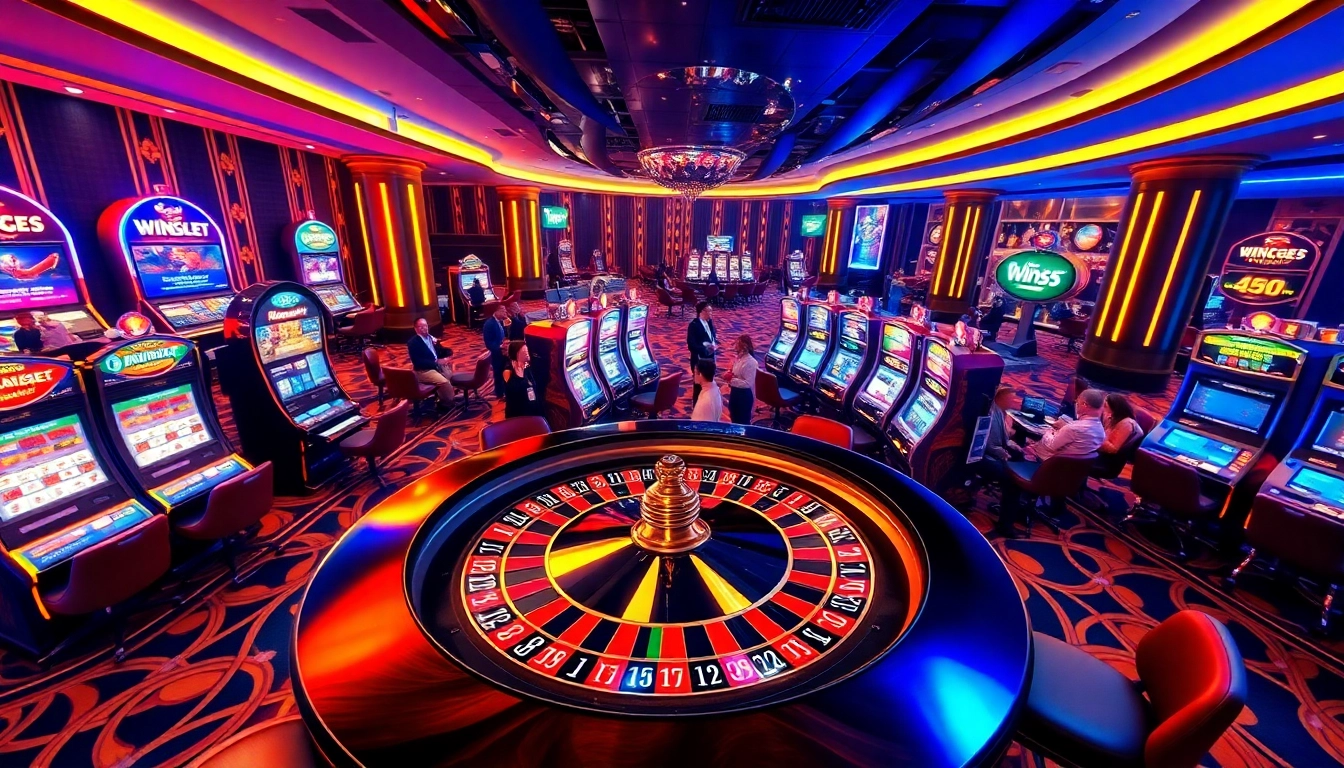 Experience Win55 fun with luxurious casino ambiance featuring roulette, slots, and vibrant gaming activity.