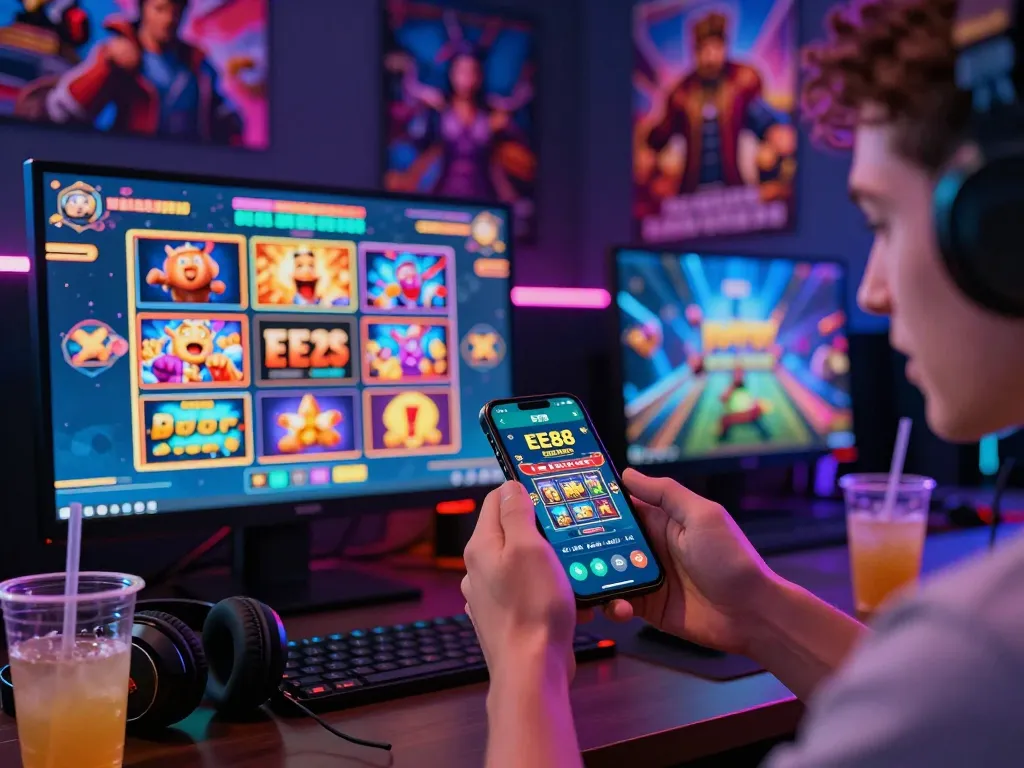 EE88 app user enjoying vibrant gaming experience with colorful graphics and ambient lighting.