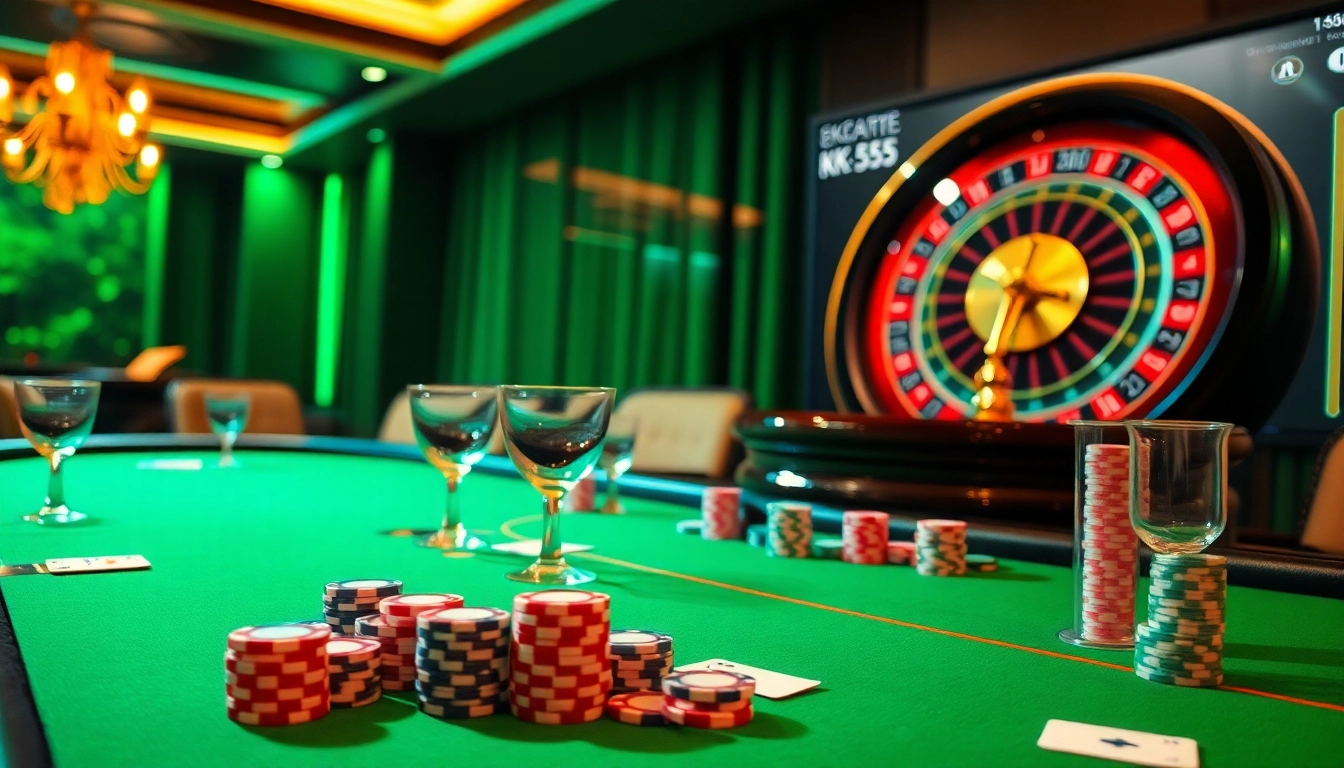 Engage with kk555 casino games at a luxurious table featuring poker chips, cards, and a spinning roulette wheel.