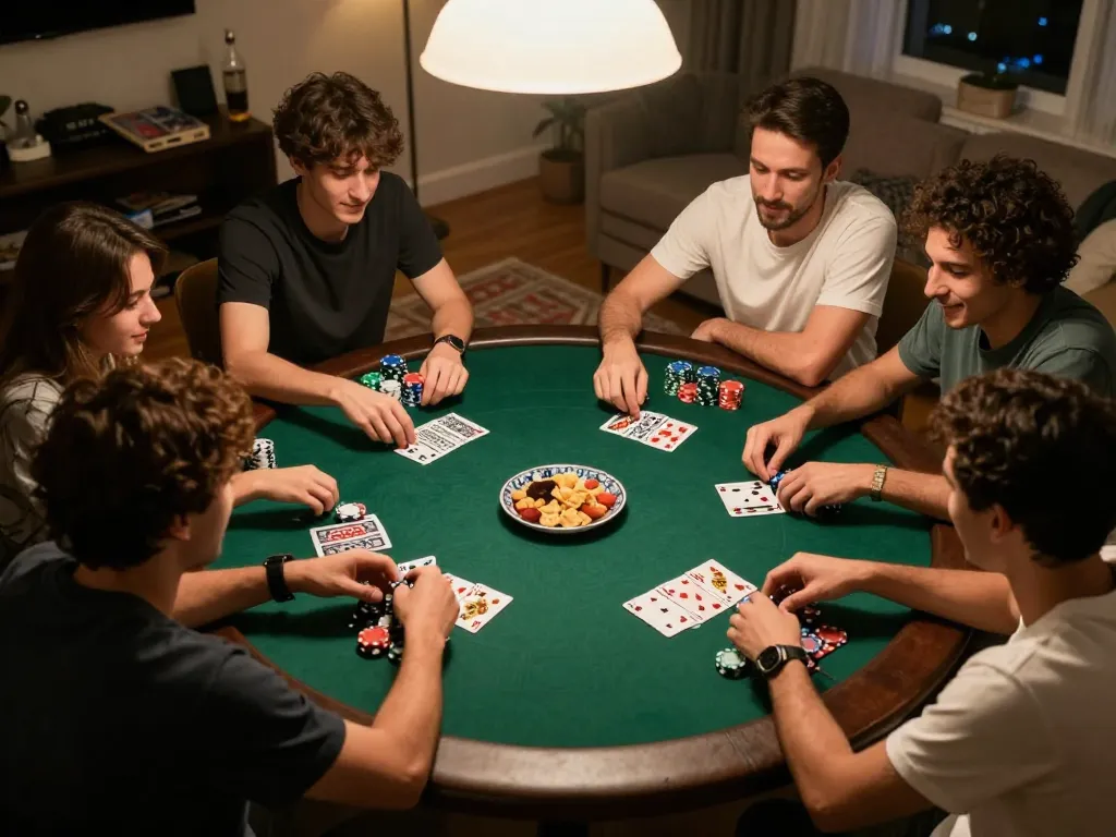 Players engaging in a vibrant poker game at home, highlighting the essence of link slot gacor and social interaction.