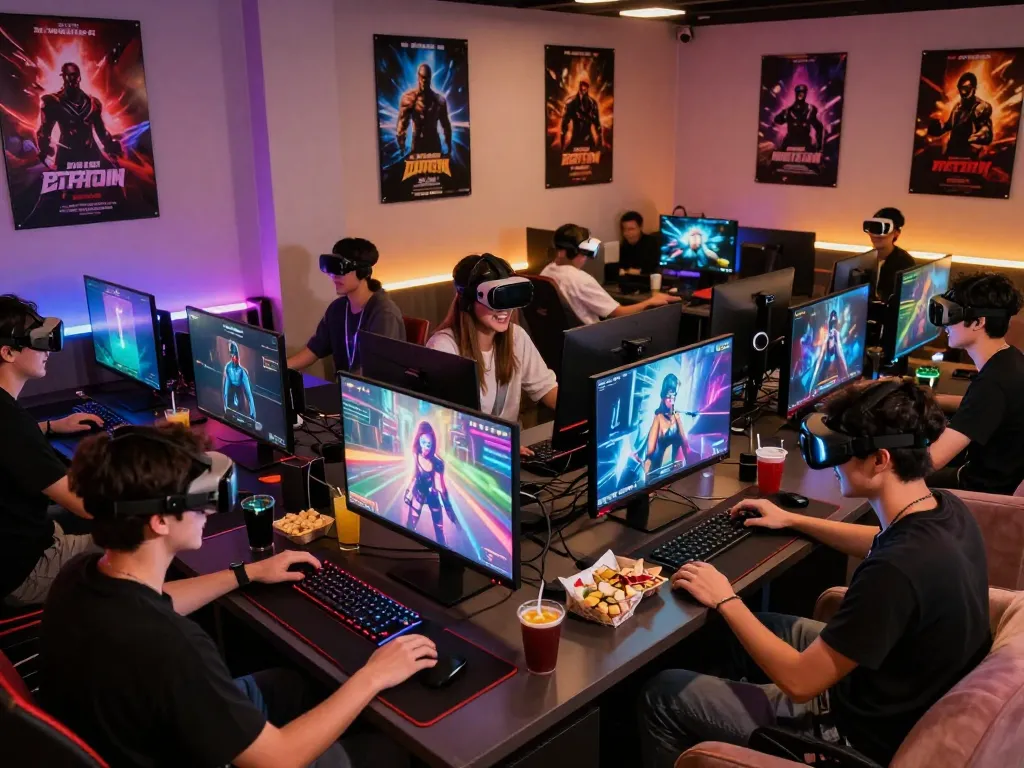 Engaged group playing sex games in a vibrant gaming lounge, illuminated by colorful LED lights.