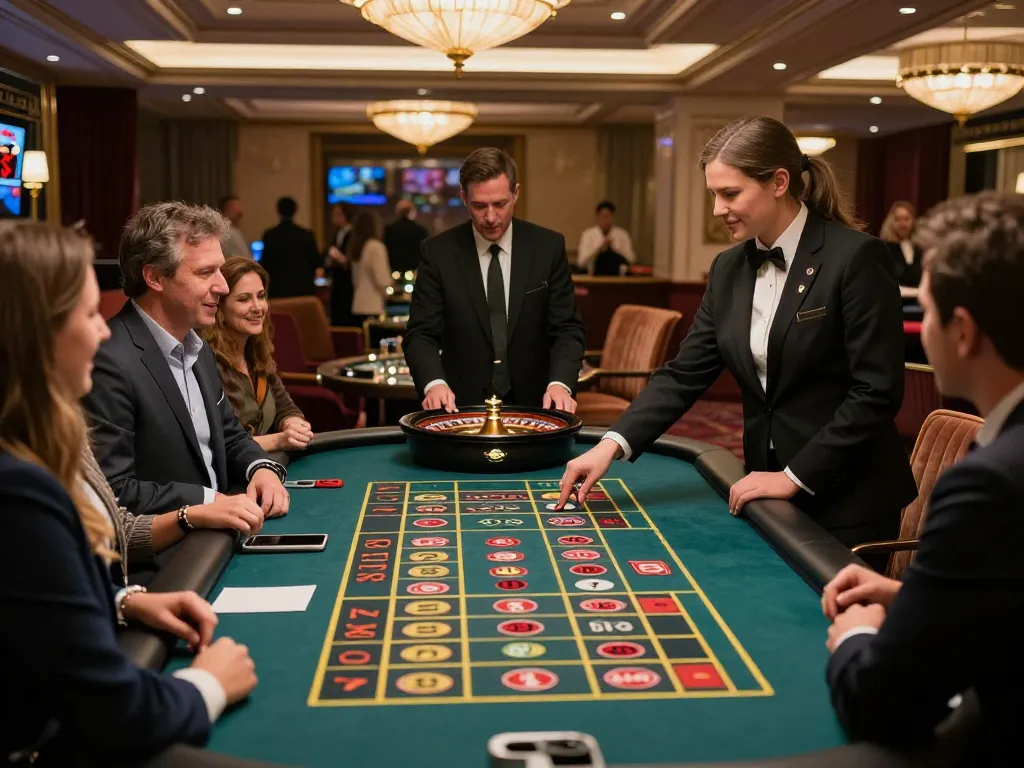 Engaging roulette game action at https://nk88.credit/, featuring focused players and skilled croupier in a luxurious casino.