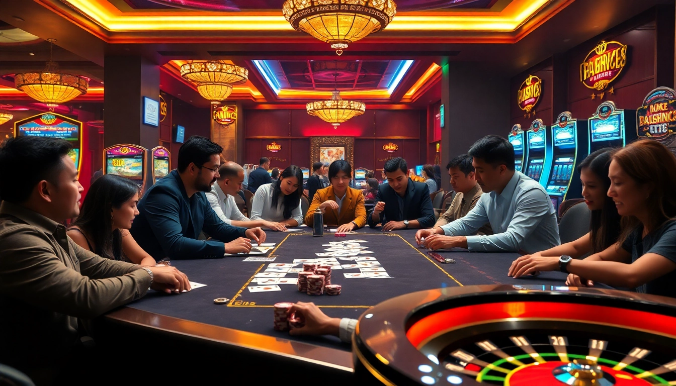 Exciting pg888 casino scene with players at a gaming table featuring cards, chips, and a roulette wheel.