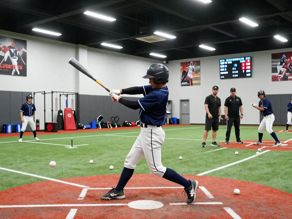 Hitclub baseball training scene with an athlete practicing swings in a modern facility.